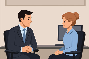 Fototapeta premium Professional interview scene between a man in a business suit and a woman in a modern office setting with a computer monitor.