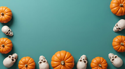 Fototapeta premium Halloween Pumpkins and Skulls Border on Teal Background with Copy Space