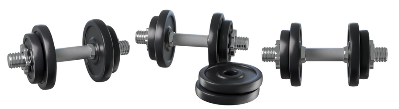 3D black weight plates with barbells and dumbbells Isolated. Fitness icon for home gym, strength training, home workouts, muscle building. 3d render

