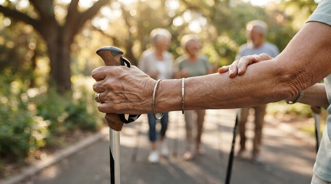 Close up of an elderly person's hand holding a walking pole while hiking with friends in a sunny park