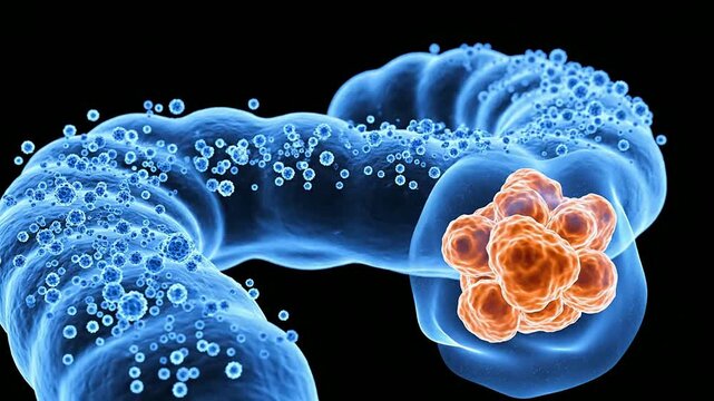 Isolated Gut Microbiome Visualization in High Detail Showcasing Bacterial Structures and Cellular Interaction on a Black Background