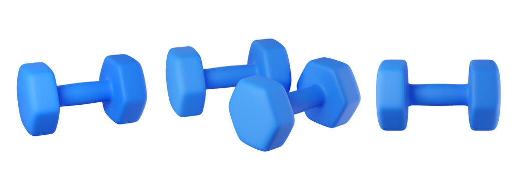 3D blue hex dumbbells with rubber coating Isolated. Fitness icon for gym, strength training, home workouts, muscle building. 3d render
