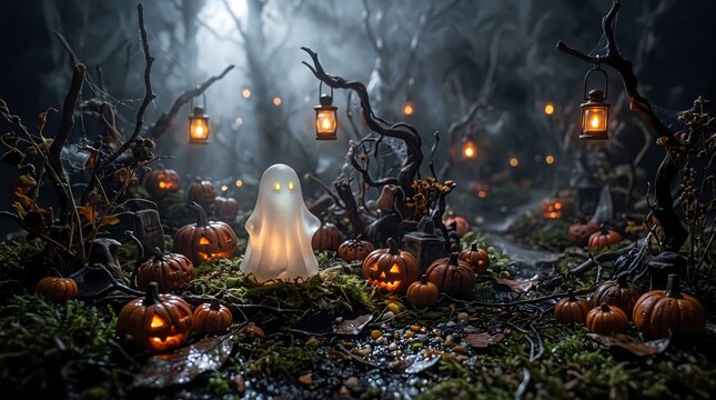 3D Miniature Halloween Ghost Glowing in Spooky Forest with Pumpkins