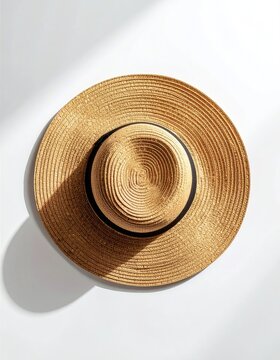 A woven straw sun hat with a wide brim rests against a white wall, casting a shadow.