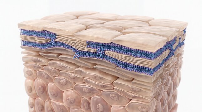 Cross section of healthy skin barrier showing stacked epidermal cells, lipid layers, and ceramides for moisture retention and protection, promoting smooth and hydrated skin