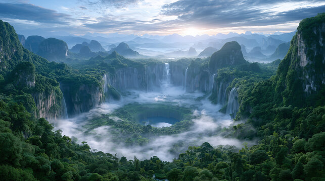 enormous natural sinkhole opening deep into the earth, vertical limestone cliffs covered with lush vegetation, mysterious mist rising from the bottom.