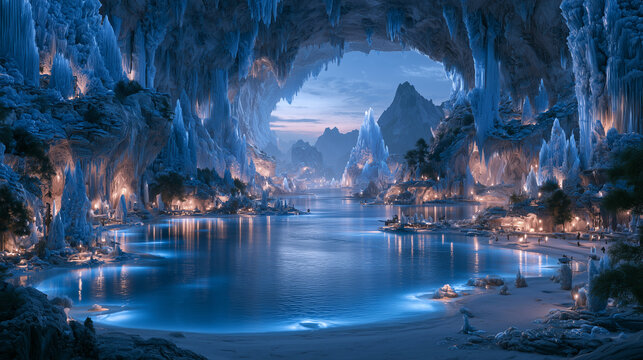 vast underground cave filled with gigantic natural crystal formations, reflective underground water, dramatic light filtering through openings in the cave, detailed mineral textures.