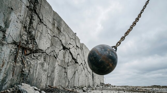 Wrecking Ball Swinging Toward Aging Concrete Wall Mid Demolition