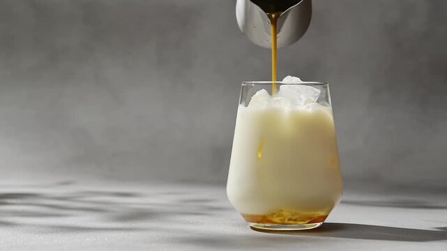 Hojicha concentrate pours into iced oat milk in clear glass, creating layered tea latte on minimalist gray studio background.
