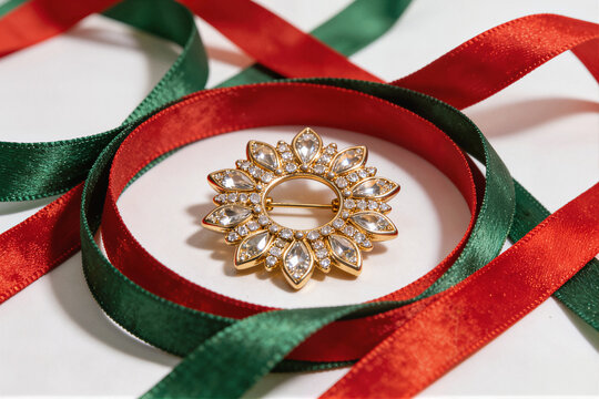 Gold sunburst crystal brooch on red and green satin ribbons