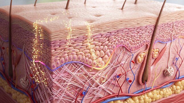 Cross section of human skin showing epidermis, dermis, and subcutaneous layers, with glowing particles representing retinol skin renewal and collagen stimulation for healthy, youthful appearance