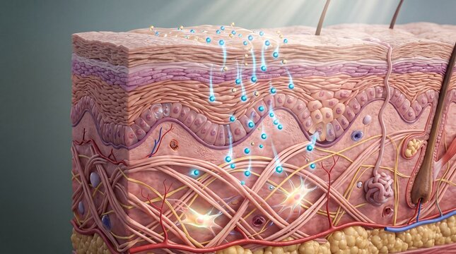 Cross section skin hydration illustration, showing water molecules penetrating epidermis, dermis, and subcutaneous layers, highlighting moisture absorption, elasticity, and healthy skin structure