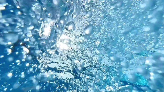 Underwater shot looking up at air bubbles floating toward the surface with bright sunlight refraction. Ideal for beverage commercials, wellness campaigns, and travel ads.