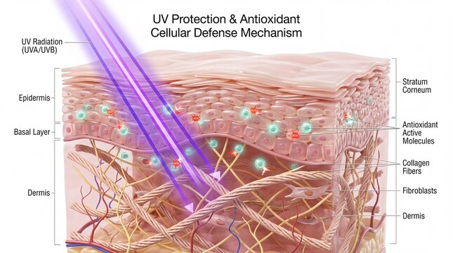 UV protection antioxidant defense mechanism illustration showing skin layers, UV radiation, antioxidant molecules, collagen fibers, fibroblasts, and epidermis structure