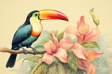 Fototapeta premium Vintage drawing of toucan bird flower animal plant.