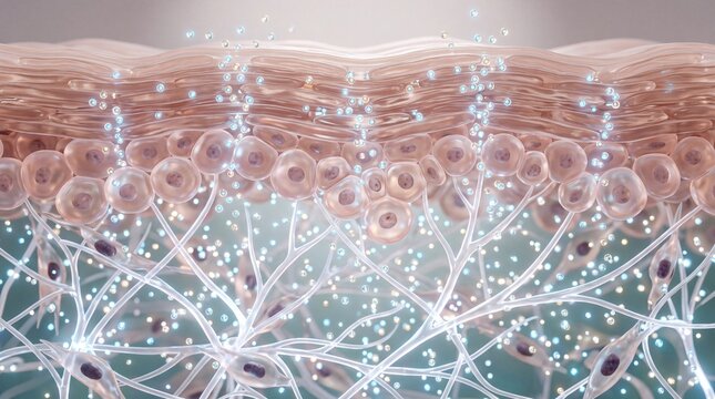 Skin layer cell collagen hydration moisture elasticity glowing healthy vitamin brightening structure science concept