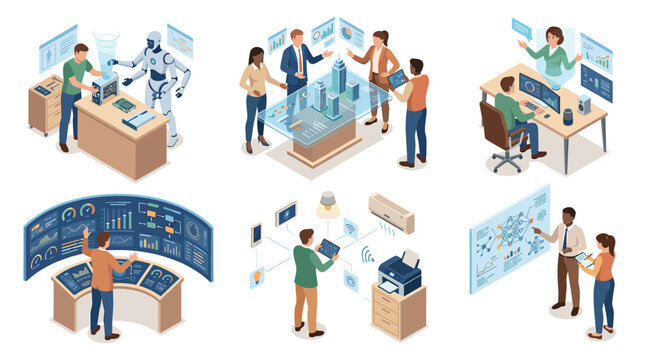Human-robot interaction and digital control room isometric set.