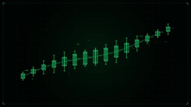 Digital financial growth chart: green hud candlestick graph showing market trends and stock exchange data analysis