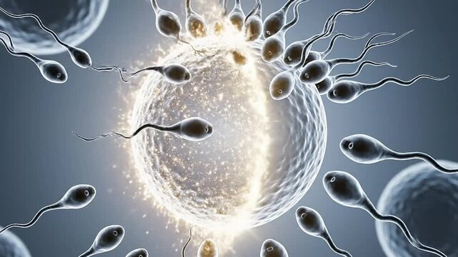 Macro Biological Visualization of Fertilization Process with Sperm Cells Approaching an Ovum in Stunning Detail