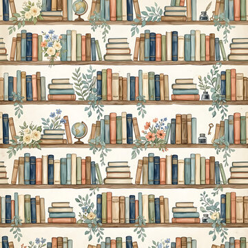 Watercolor seamless pattern with wooden bookshelves, books, globes, inkwells, and flowers on white background