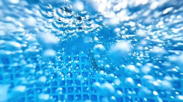 Close-up underwater shot of a swimming pool return jet releasing a stream of air bubbles into clear blue water. Ideal for pool maintenance, spa equipment, and summer ads.