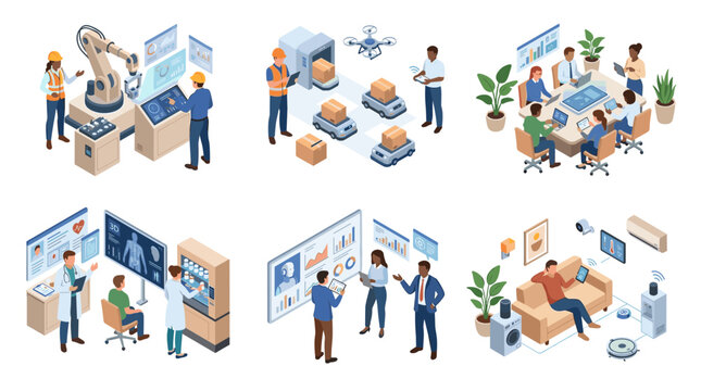 Isometric scenes depicting industrial robotics and corporate tech research.