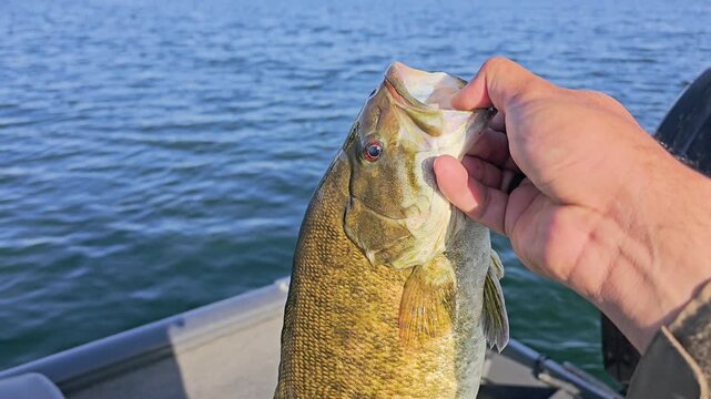 Angler displays a freshly caught smallmouth bass over rippling lake water from a fishing boat, showing fish detail, open mouth, bronze scales, and sunny outdoor recreation.