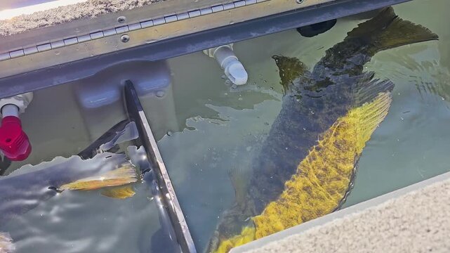 Detailed live well scene with smallmouth bass, ripples, bubbles, divider wall, red drain plug, and gray carpeted bass boat deck for freshwater fishing videos.
