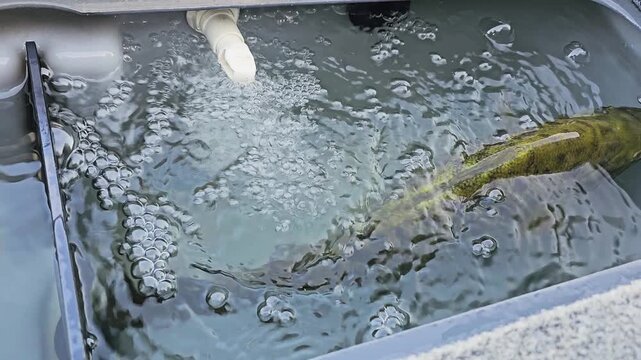 Freshwater bass kept alive in a boat live well, with oxygen bubbles, circulating water, gray compartment, and outdoor angling scene for sport fishing videos.