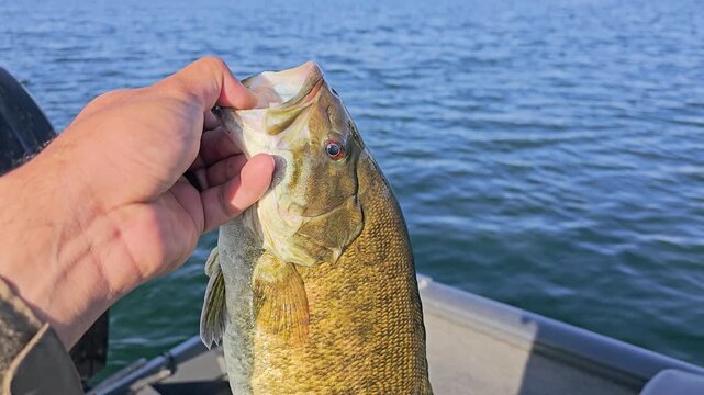 Close-up of a hand holding a caught smallmouth bass by the mouth on a boat, with blue lake water, sunlight, golden scales, and outdoor freshwater fishing action in summer.