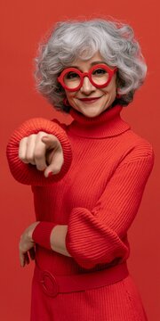 An older woman with stylish grey hair and bold red glasses points directly at the viewer, wearing a vibrant red turtleneck sweater.