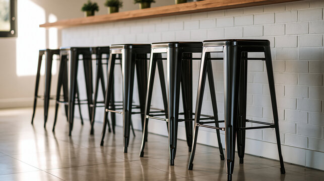 A row of modern black metal bar stools lined up against a white brick wall in a sleek cafe. Use this interior design image for restaurant and hospitality branding projects.