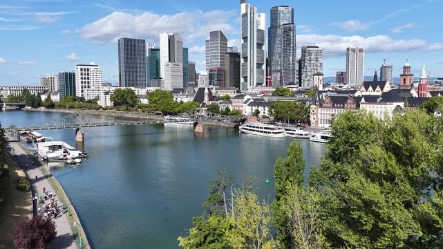 Frankfurt Skyline In Hesse Germany. Highrise Buildings Scene. Downtown City. Financial District. Frankfurt Skyline In Frankfurt In Hesse Germany. Futuristic Towers Offices. Europe Skyline.