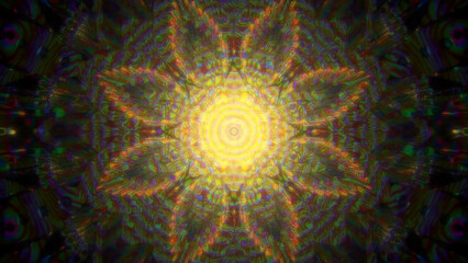 Fototapeta premium Soft golden mandala glows from a radiant central light through delicate symmetrical layers, creating an ethereal sacred geometry composition with warmth, meditation and spiritual harmony 