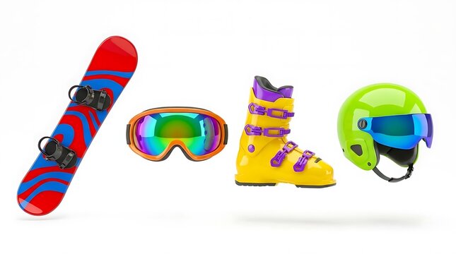 Winter sports gear and snowboarding equipment set