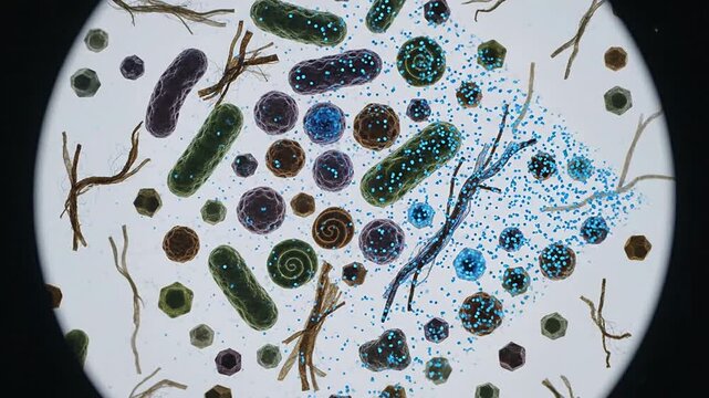 Microscopic View Of Diverse Bacteria And Microorganisms In Various Shapes And Colors Against White Background For Scientific Use