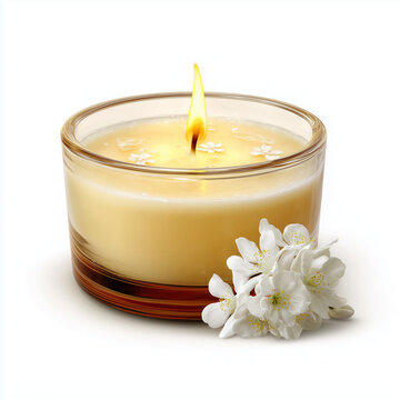 Vanilla Scented Candle in Glass Bowl with White Flowers Isolated on White Background