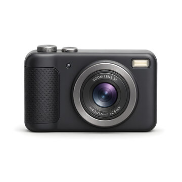 Compact digital camera with modern zoom lens and sleek black body isolated on white background