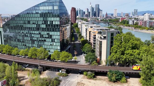 Frankfurt Skyline In Hesse Germany. Highrise Buildings. Downtown City. Meno River. Frankfurt Skyline In Frankfurt In Hesse Germany. Beautiful Cityscape. Europe Landscape.