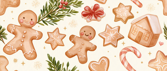 Obraz premium Festive Gingerbread Delights: A whimsical watercolor illustration captures a charming assortment of gingerbread cookies in various festive shapes, including gingerbread men, stars, hearts, houses.