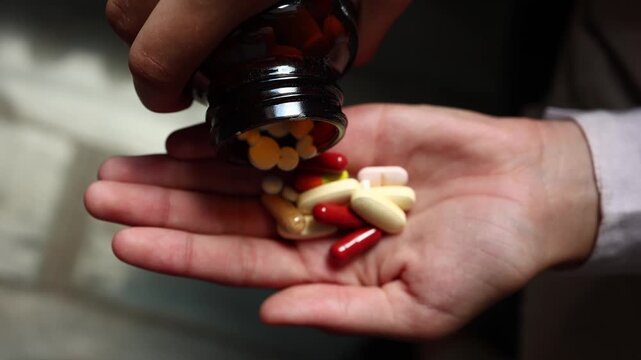 A person holds a bottle of vitamins and carefully pours them into an open hand. This takes place in a dimly lit room, showing various colorful capsules and tablets.