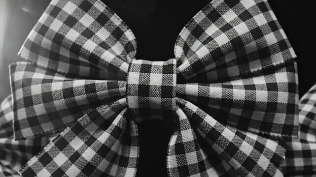 Black and white close-up of stylish gingham bow ties with a dark backdrop and lighting
