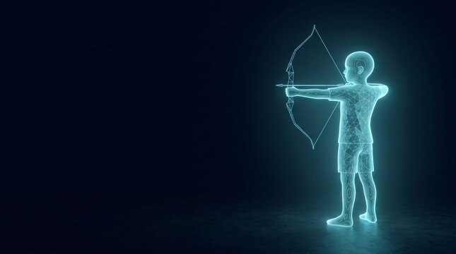 Futuristic holographic illustration of a child aiming with a bow and arrow in dark space sci fi hologram futuristic wireframe technology background illustration