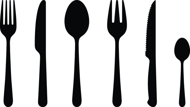 Kitchen cutlery vector icon set featuring black silhouettes of dinner forks, butter knives, soup spoons, steak knives, dessert spoons, and basic restaurant table utensils.
