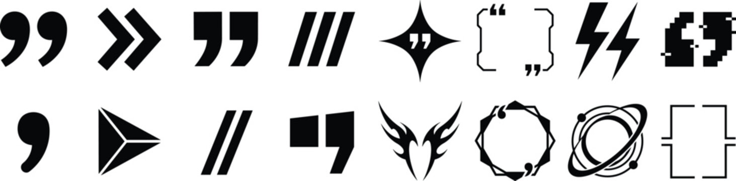 Abstract quotation mark and punctuation vector icon set featuring black silhouette citation blocks, brackets, slash marks, and y2k cyberpunk graphic design elements.
