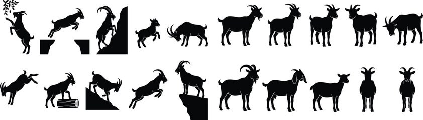 Fototapeta premium Mountain goat silhouette vector icon set featuring black billy goats, rams, ibex climbing cliffs, and wild farm animals for rural nature agriculture branding. 