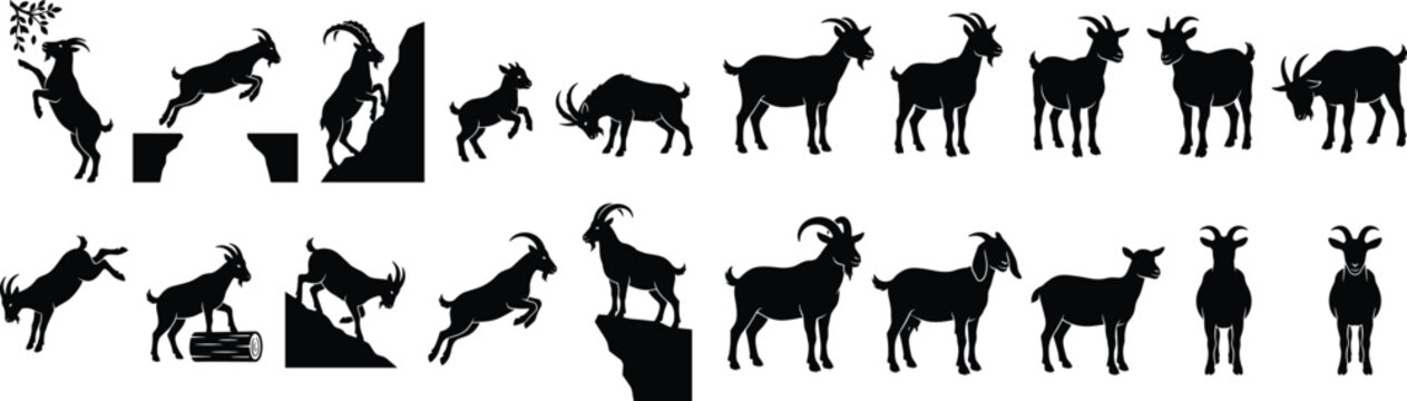 Mountain goat silhouette vector icon set featuring black billy goats, rams, ibex climbing cliffs, and wild farm animals for rural nature agriculture branding.
