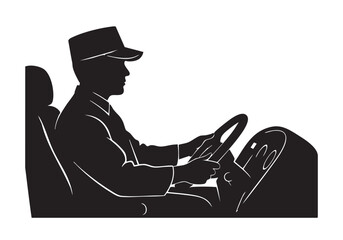 Black silhouette of a professional driver wearing a cap and sitting behind a steering wheel Vector, illustration © Razaul Amin
