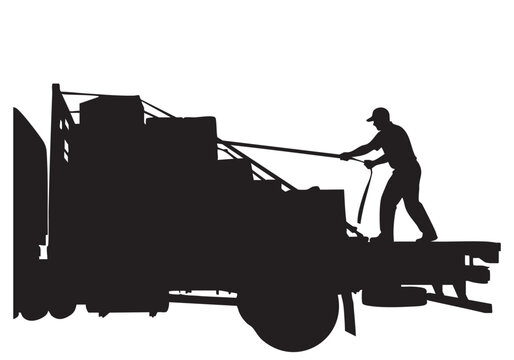 Silhouette of a worker loading heavy boxes onto a large transport truck in a warehouse setting Vector, illustration