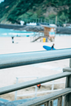Zurriola beach in Donosti or San Sebastian with surfers in the background